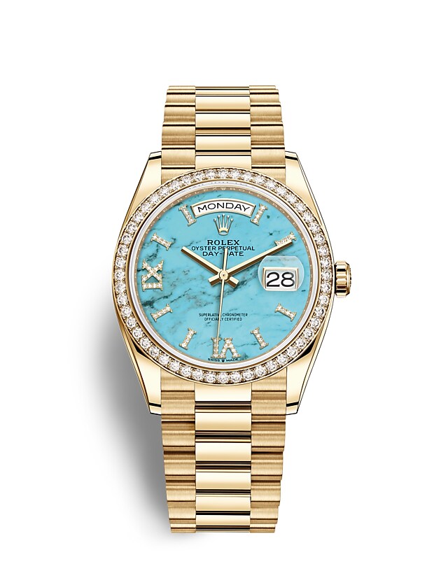 Rolex Day-Date | 128348RBR | Day-Date 36 | Coloured dial | Turquoise Dial | Diamond-Set Bezel | 18 ct yellow gold | m128348rbr-0037 | Women Watch | Rolex Official Retailer - Time Midas