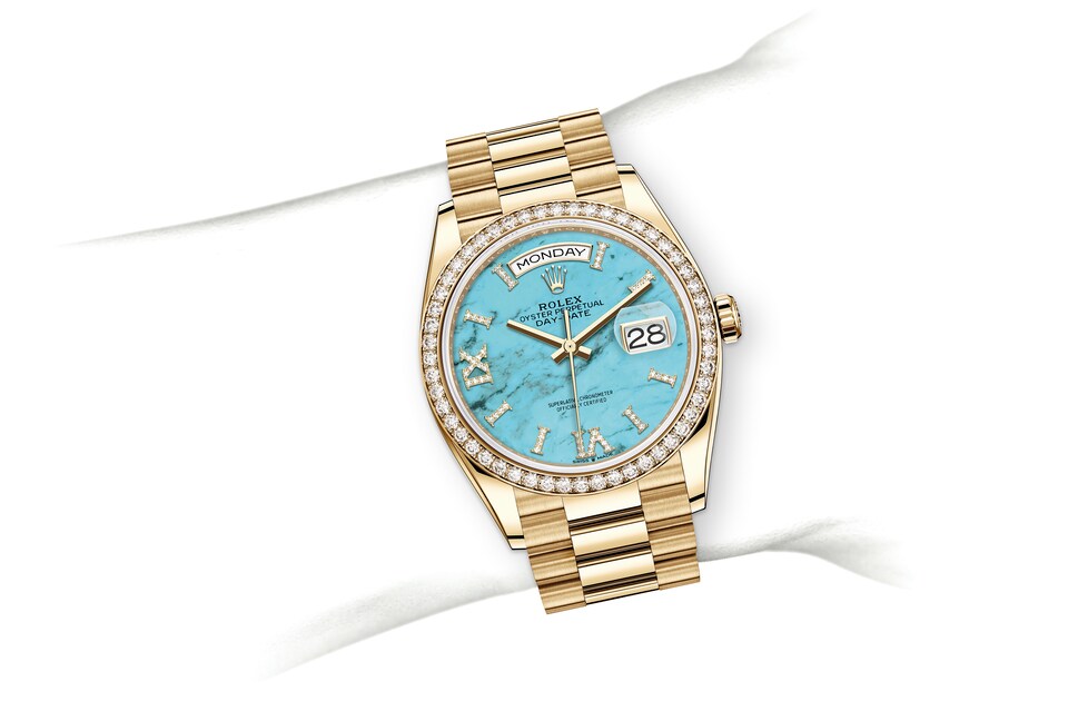 Rolex Day-Date | 128348RBR | Day-Date 36 | Coloured dial | Turquoise Dial | Diamond-Set Bezel | 18 ct yellow gold | m128348rbr-0037 | Women Watch | Rolex Official Retailer - Time Midas