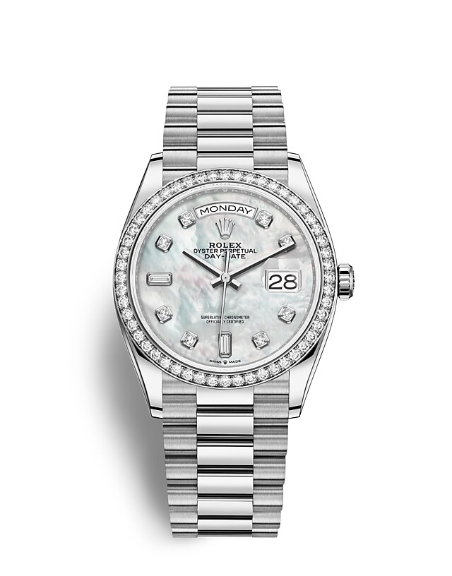 Rolex Day-Date | 128349RBR | Day-Date 36 | หน้าปัดประดับอัญมณี | หน้าปัดไข่มุก | ขอบหน้าปัดประดับเพชร | ทองคำขาว 18 กะรัต | m128349rbr-0004 | หญิง Watch | Rolex Official Retailer - Time Midas