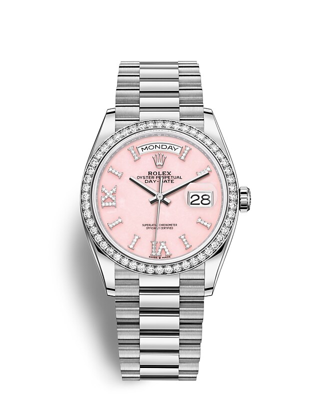 Rolex Day-Date | 128349RBR | Day-Date 36 | หน้าปัดประดับอัญมณี | หน้าปัดโอปอลสีชมพู | ขอบหน้าปัดประดับเพชร | ทองคำขาว 18 กะรัต | m128349rbr-0008 | หญิง Watch | Rolex Official Retailer - Time Midas