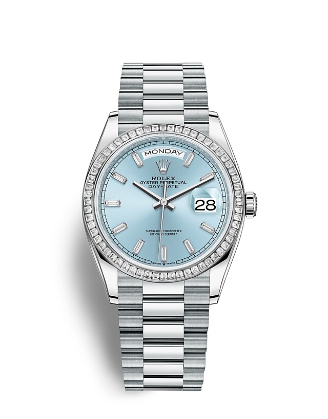 Rolex Day-Date | 128396TBR | Day-Date 36 | หน้าปัดประดับอัญมณี | หน้าปัดสีฟ้าไอซ์บลู | ขอบหน้าปัดประดับเพชร | แพลทินัม | m128396tbr-0003 | หญิง Watch | Rolex Official Retailer - Time Midas