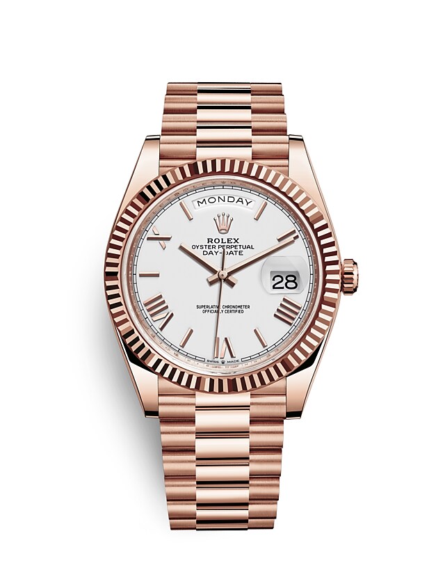 Rolex Day-Date | 228235 | Day-Date 40 | Light dial | The Fluted Bezel | White dial | 18 ct Everose gold | m228235-0032 | Men Watch | Rolex Official Retailer - Time Midas