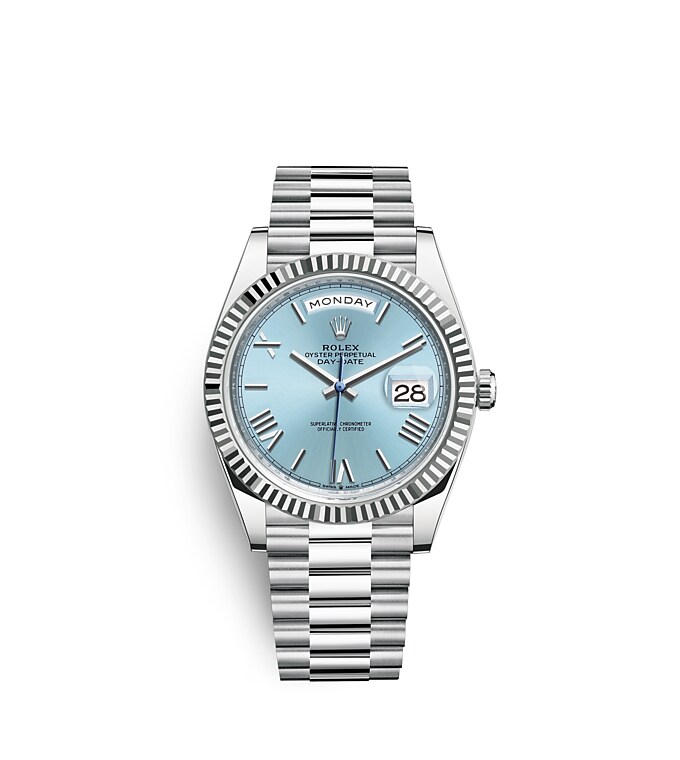 Rolex Day-Date 40 | 228236 | Day-Date 40 | Coloured dial | Ice-Blue Dial | The Fluted Bezel | Platinum | m228236-0012 | Men Watch | Rolex Official Retailer - Time Midas