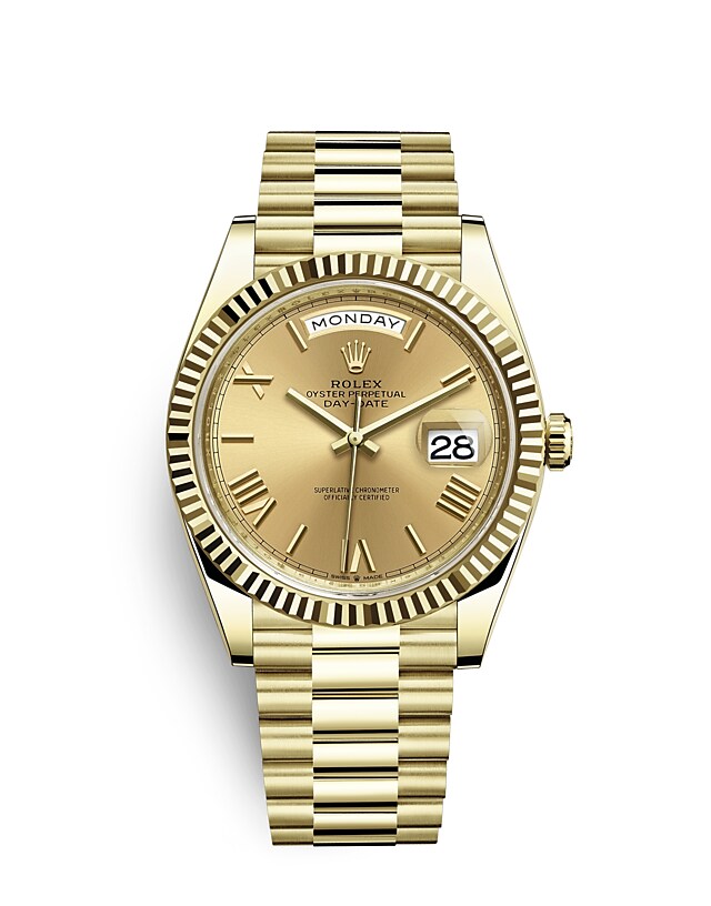 Rolex Day-Date | 228238 | Day-Date 40 | Coloured dial | Champagne-colour dial | The Fluted Bezel | 18 ct yellow gold | m228238-0006 | Men Watch | Rolex Official Retailer - Time Midas