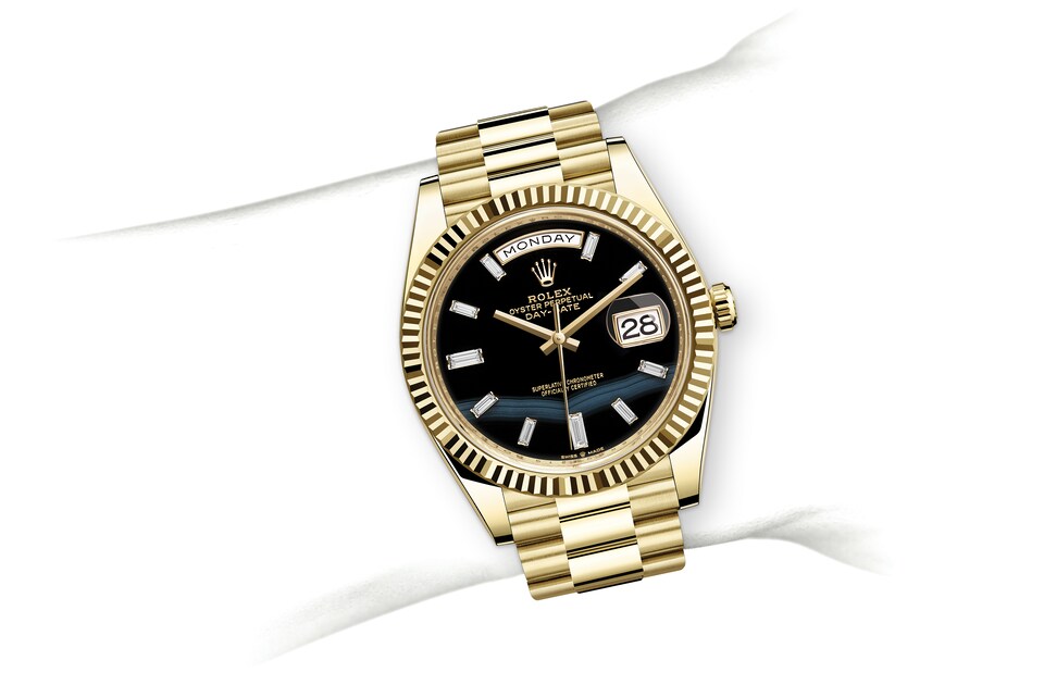 Rolex Day-Date | 228238 | Day-Date 40 | หน้าปัดประดับอัญมณี | หน้าปัดโอนิกซ์ | ขอบหน้าปัดแบบเซาะร่อง | ทองคำ 18 กะรัต | m228238-0059 | ชาย Watch | Rolex Official Retailer - Time Midas