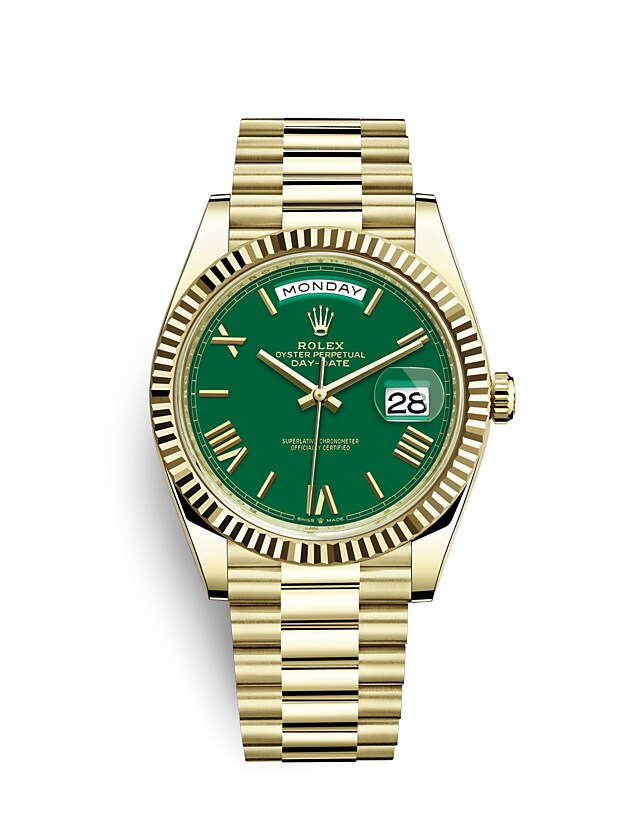 Rolex Day-Date | 228238 | Day-Date 40 | Coloured dial | Green Dial | The Fluted Bezel | 18 ct yellow gold | m228238-0061 | Men Watch | Rolex Official Retailer - Time Midas