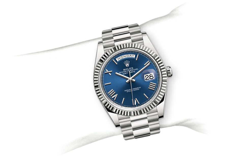 Rolex Day-Date | 228239 | Day-Date 40 | Coloured dial | Bright blue dial | The Fluted Bezel | 18 ct white gold | m228239-0007 | Men Watch | Rolex Official Retailer - Time Midas