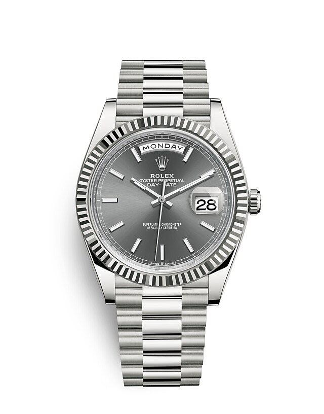 Rolex Day-Date | 228239 | Day-Date 40 | Dark dial | Slate Dial | The Fluted Bezel | 18 ct white gold | m228239-0060 | Men Watch | Rolex Official Retailer - Time Midas