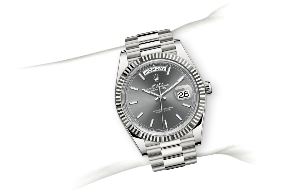 Rolex Day-Date | 228239 | Day-Date 40 | Dark dial | Slate Dial | The Fluted Bezel | 18 ct white gold | m228239-0060 | Men Watch | Rolex Official Retailer - Time Midas