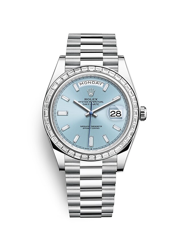 Rolex Day-Date | 228396TBR | Day-Date 40 | หน้าปัดประดับอัญมณี | หน้าปัดสีฟ้าไอซ์บลู | ขอบหน้าปัดประดับเพชร | แพลทินัม | m228396tbr-0002 | ชาย Watch | Rolex Official Retailer - Time Midas