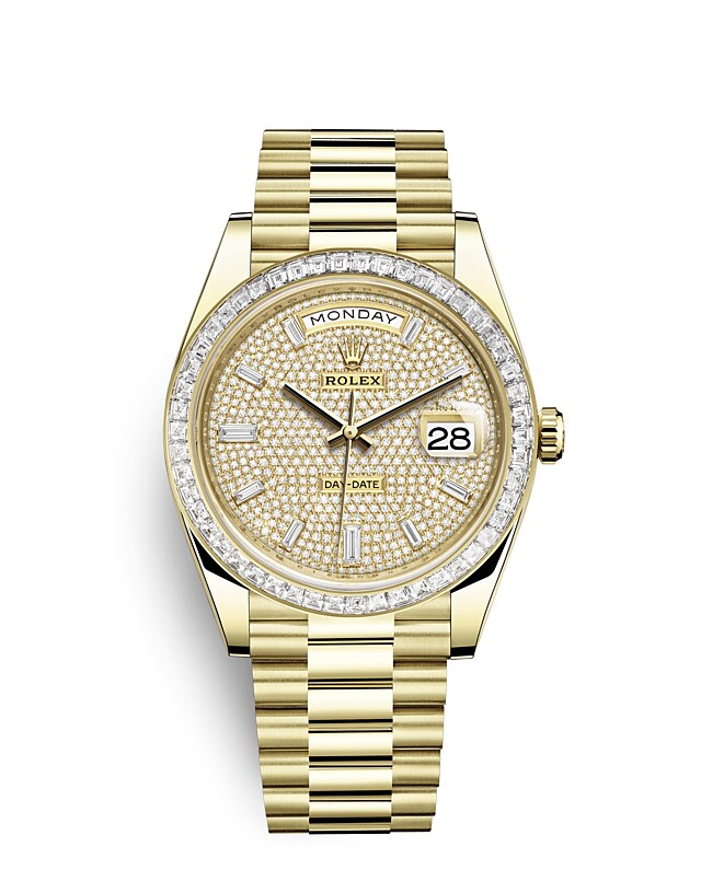 Rolex Day-Date | 228398TBR | Day-Date 40 | Diamond paved dial | Diamond-Paved Dial | Diamond-Set Bezel | 18 ct yellow gold | m228398tbr-0036 | Men Watch | Rolex Official Retailer - Time Midas