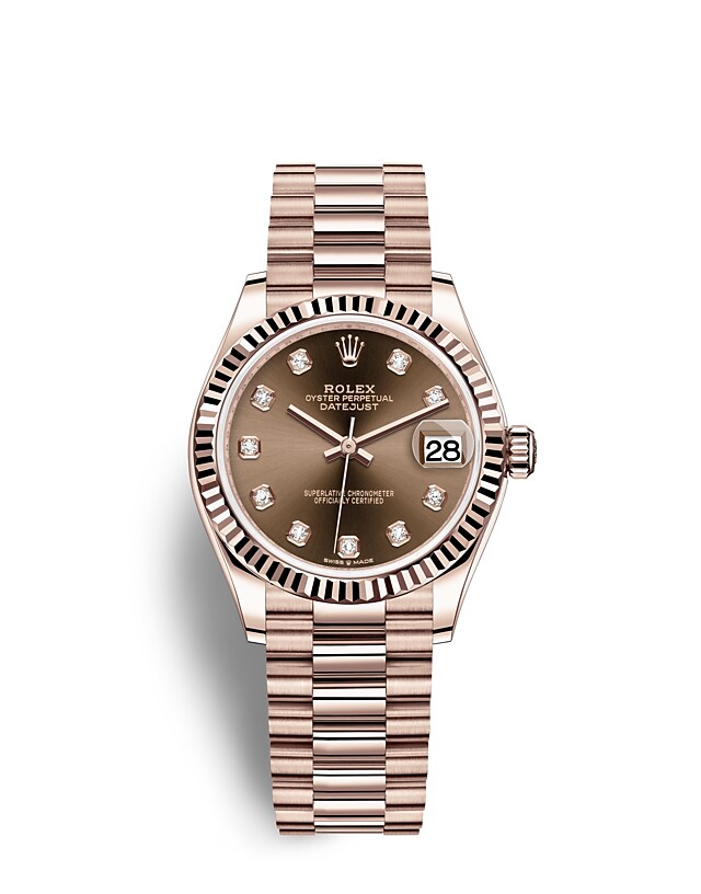 Rolex Datejust | 278275 | Datejust 31 | หน้าปัดประดับอัญมณี | หน้าปัดสีช็อกโกแลต | ขอบหน้าปัดแบบเซาะร่อง | เอเวอร์โรสโกลด์ 18 กะรัต | m278275-0010 | หญิง Watch | Rolex Official Retailer - Time Midas