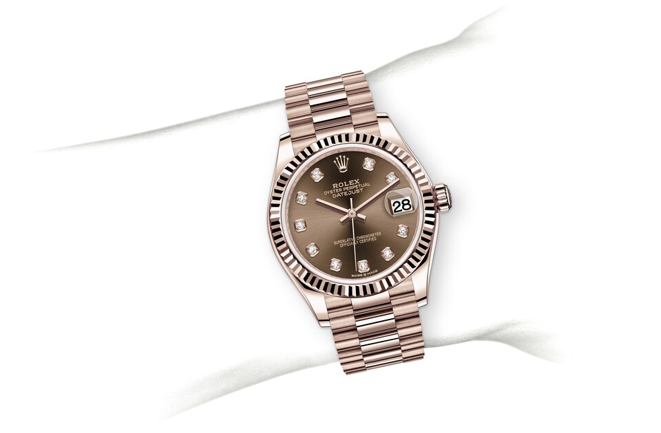 Rolex Datejust | 278275 | Datejust 31 | หน้าปัดประดับอัญมณี | หน้าปัดสีช็อกโกแลต | ขอบหน้าปัดแบบเซาะร่อง | เอเวอร์โรสโกลด์ 18 กะรัต | m278275-0010 | หญิง Watch | Rolex Official Retailer - Time Midas