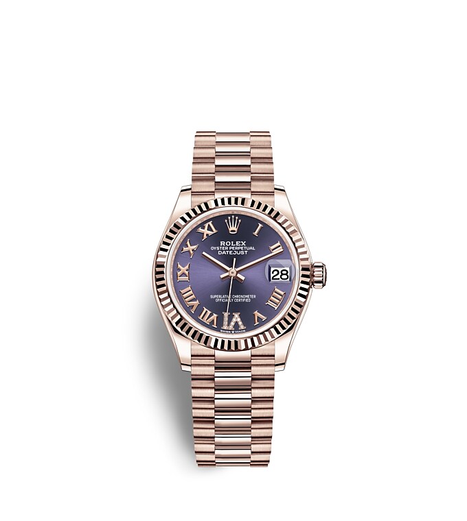 Rolex Datejust | 278275 | Datejust 31 | หน้าปัดประดับอัญมณี | หน้าปัดสีม่วงเข้ม | ขอบหน้าปัดแบบเซาะร่อง | เอเวอร์โรสโกลด์ 18 กะรัต | m278275-0029 | หญิง Watch | Rolex Official Retailer - Time Midas