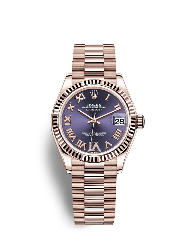 Rolex Datejust | 278275 | Datejust 31 | หน้าปัดประดับอัญมณี | หน้าปัดสีม่วงเข้ม | ขอบหน้าปัดแบบเซาะร่อง | เอเวอร์โรสโกลด์ 18 กะรัต | m278275-0029 | หญิง Watch | Rolex Official Retailer - Time Midas