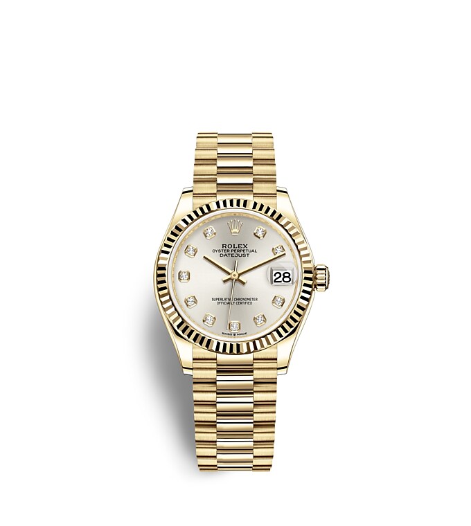 Rolex Datejust | 278278 | Datejust 31 | หน้าปัดประดับอัญมณี | หน้าปัดสีเงิน | ขอบหน้าปัดแบบเซาะร่อง | ทองคำ 18 กะรัต | m278278-0034 | หญิง Watch | Rolex Official Retailer - Time Midas