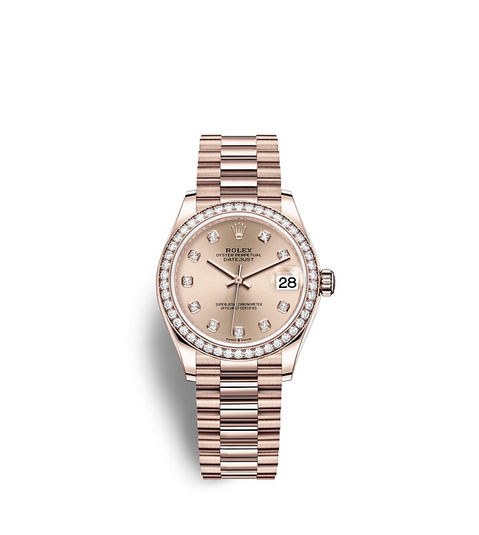 Rolex Datejust | 278285RBR | Datejust 31 | หน้าปัดประดับอัญมณี | หน้าปัดสีชมพูกุหลาบ | ขอบหน้าปัดประดับเพชร | เอเวอร์โรสโกลด์ 18 กะรัต | m278285rbr-0025 | หญิง Watch | Rolex Official Retailer - Time Midas