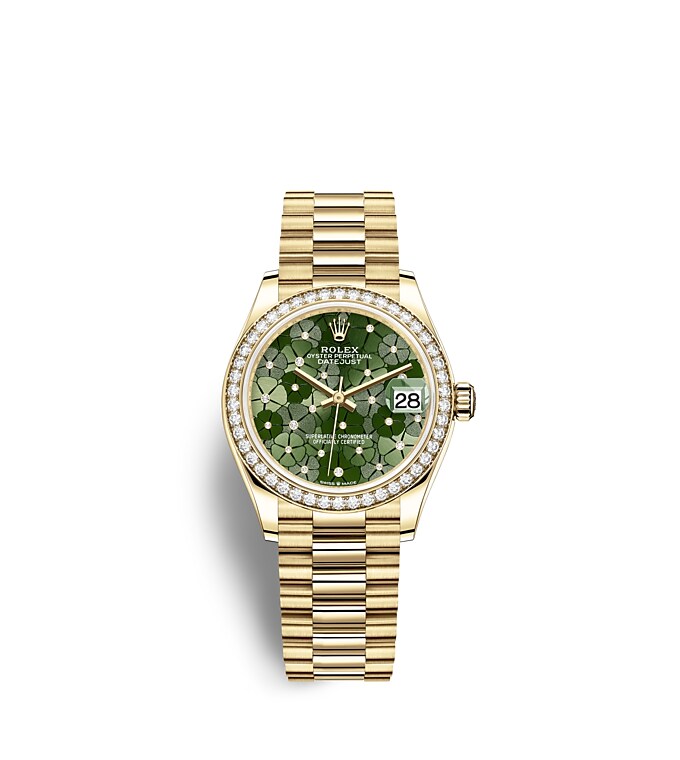 Rolex Datejust | 278288RBR | Datejust 31 | หน้าปัดประดับอัญมณี | หน้าปัดสีเขียวมะกอก | ขอบหน้าปัดประดับเพชร | ทองคำ 18 กะรัต | m278288rbr-0038 | หญิง Watch | Rolex Official Retailer - Time Midas