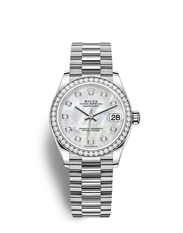 Rolex Datejust | 278289RBR | Datejust 31 | หน้าปัดประดับอัญมณี | หน้าปัดไข่มุก | ขอบหน้าปัดประดับเพชร | ทองคำขาว 18 กะรัต | m278289rbr-0005 | หญิง Watch | Rolex Official Retailer - Time Midas