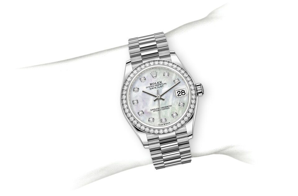 Rolex Datejust | 278289RBR | Datejust 31 | หน้าปัดประดับอัญมณี | หน้าปัดไข่มุก | ขอบหน้าปัดประดับเพชร | ทองคำขาว 18 กะรัต | m278289rbr-0005 | หญิง Watch | Rolex Official Retailer - Time Midas