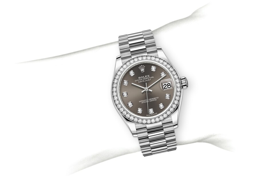 Rolex Datejust | 278289RBR | Datejust 31 | หน้าปัดประดับอัญมณี | หน้าปัดสีเทาเข้ม | ขอบหน้าปัดประดับเพชร | ทองคำขาว 18 กะรัต | m278289rbr-0006 | หญิง Watch | Rolex Official Retailer - Time Midas