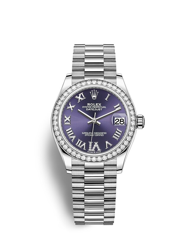 Rolex Datejust | 278289RBR | Datejust 31 | หน้าปัดประดับอัญมณี | หน้าปัดสีม่วงเข้ม | ขอบหน้าปัดประดับเพชร | ทองคำขาว 18 กะรัต | m278289rbr-0019 | หญิง Watch | Rolex Official Retailer - Time Midas