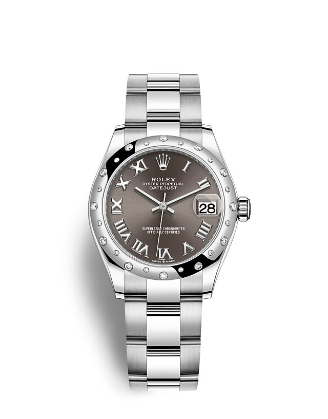 Rolex Datejust | 278344RBR | Datejust 31 | หน้าปัดสีเข้ม | หน้าปัดสีเทาเข้ม | ขอบหน้าปัดประดับเพชร | White Rolesor | m278344rbr-0023 | หญิง Watch | Rolex Official Retailer - Time Midas