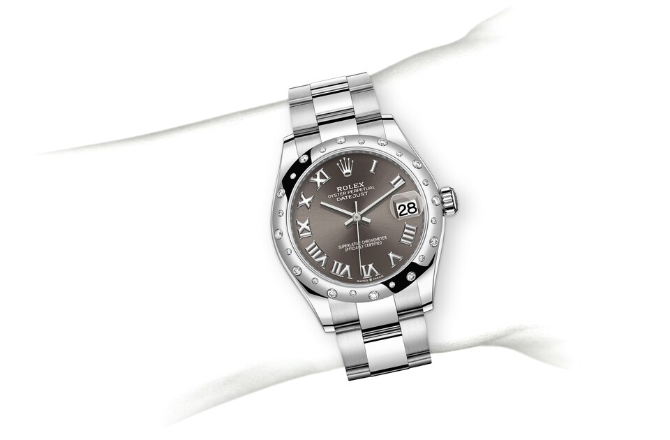 Rolex Datejust | 278344RBR | Datejust 31 | หน้าปัดสีเข้ม | หน้าปัดสีเทาเข้ม | ขอบหน้าปัดประดับเพชร | White Rolesor | m278344rbr-0023 | หญิง Watch | Rolex Official Retailer - Time Midas