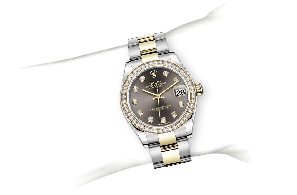 Rolex Datejust | 278383RBR | Datejust 31 | หน้าปัดประดับอัญมณี | หน้าปัดสีเทาเข้ม | ขอบหน้าปัดประดับเพชร | Yellow Rolesor | m278383rbr-0021 | หญิง Watch | Rolex Official Retailer - Time Midas