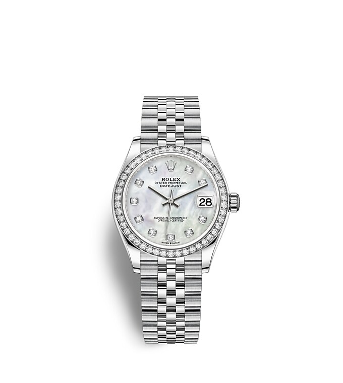 Rolex Datejust | 278384RBR | Datejust 31 | หน้าปัดประดับอัญมณี | หน้าปัดไข่มุก | ขอบหน้าปัดประดับเพชร | White Rolesor | m278384rbr-0008 | หญิง Watch | Rolex Official Retailer - Time Midas
