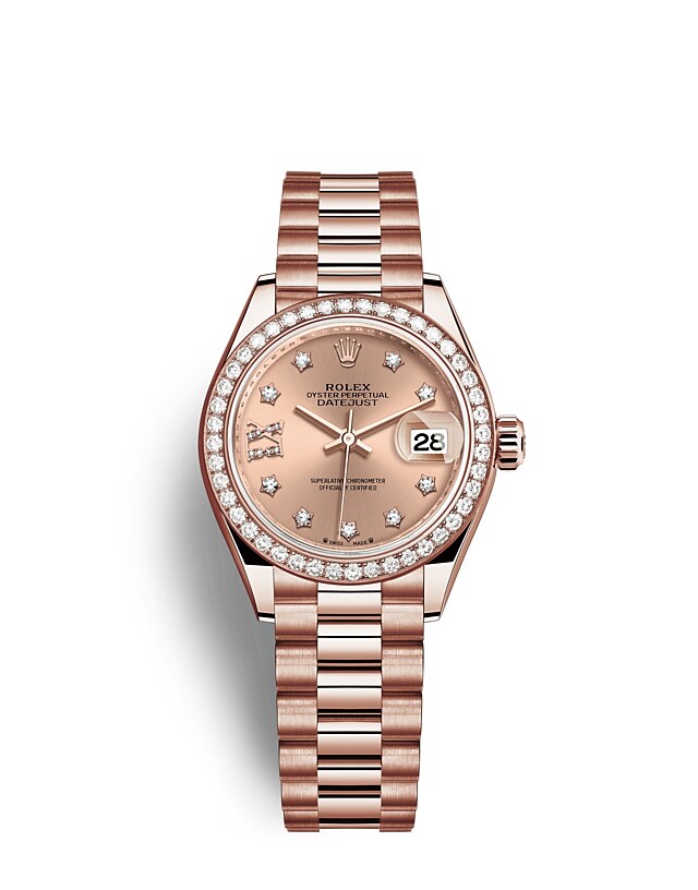 Rolex Lady-Datejust | 279135RBR | Lady-Datejust | หน้าปัดประดับอัญมณี | หน้าปัดสีชมพูกุหลาบ | ขอบหน้าปัดประดับเพชร | เอเวอร์โรสโกลด์ 18 กะรัต | m279135rbr-0029 | หญิง Watch | Rolex Official Retailer - Time Midas