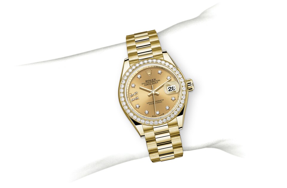 Rolex Lady-Datejust | 279138RBR | Lady-Datejust | Coloured dial | Champagne-colour dial | Diamond-Set Bezel | 18 ct yellow gold | m279138rbr-0006 | Women Watch | Rolex Official Retailer - Time Midas