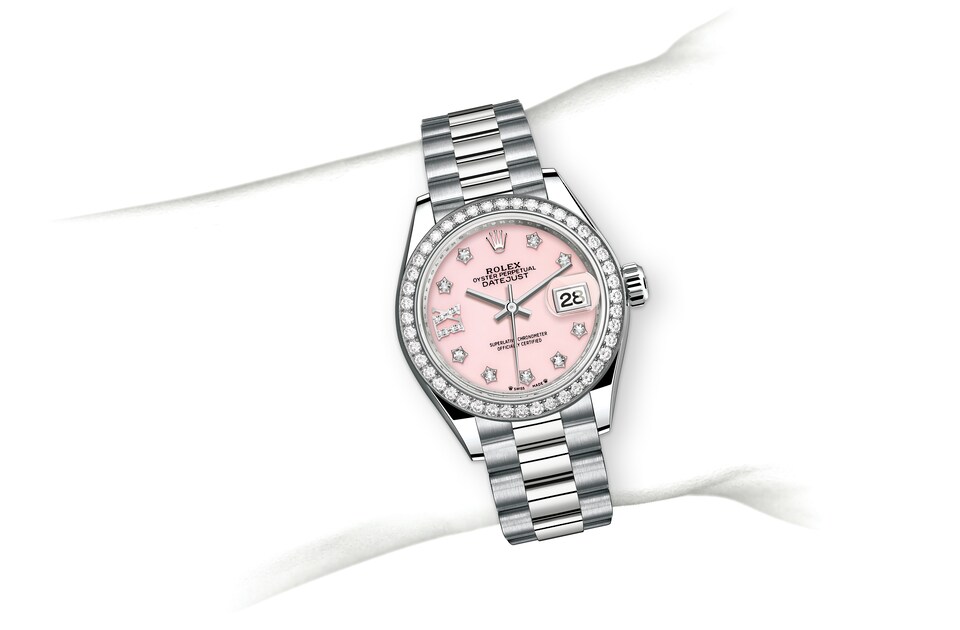 Rolex Lady-Datejust | 279139RBR | Lady-Datejust | Coloured dial | Pink opal dial | Diamond-Set Bezel | 18 ct white gold | m279139rbr-0002 | Women Watch | Rolex Official Retailer - Time Midas