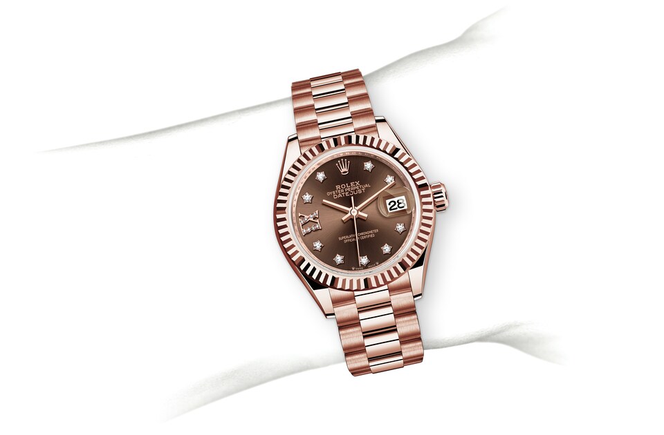 Rolex Lady-Datejust | 279175 | Lady-Datejust | หน้าปัดประดับอัญมณี | หน้าปัดสีช็อกโกแลต | ขอบหน้าปัดแบบเซาะร่อง | เอเวอร์โรสโกลด์ 18 กะรัต | m279175-0002 | หญิง Watch | Rolex Official Retailer - Time Midas