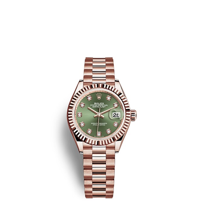 Rolex Lady-Datejust | 279175 | Lady-Datejust | หน้าปัดประดับอัญมณี | หน้าปัดสีเขียวมะกอก | ขอบหน้าปัดแบบเซาะร่อง | เอเวอร์โรสโกลด์ 18 กะรัต | m279175-0009 | หญิง Watch | Rolex Official Retailer - Time Midas