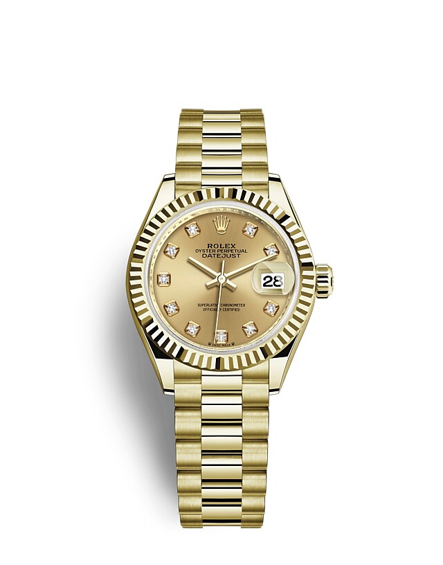 Rolex Lady-Datejust | 279178 | Lady-Datejust | หน้าปัดประดับอัญมณี | หน้าปัดสีแชมเปญ | ขอบหน้าปัดแบบเซาะร่อง | ทองคำ 18 กะรัต | m279178-0017 | หญิง Watch | Rolex Official Retailer - Time Midas