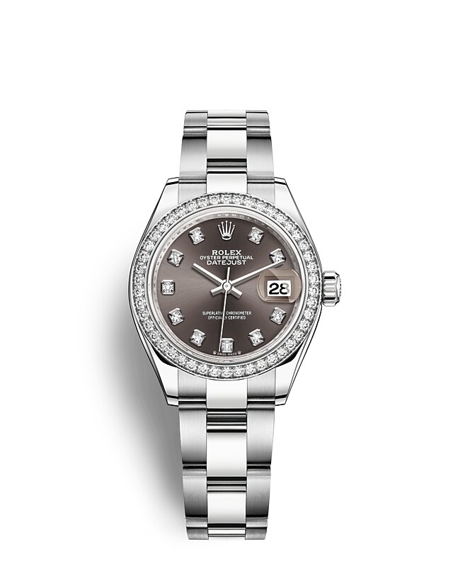 Rolex Lady-Datejust | 279384RBR | Lady-Datejust | หน้าปัดประดับอัญมณี | หน้าปัดสีเทาเข้ม | ขอบหน้าปัดประดับเพชร | White Rolesor | m279384rbr-0018 | หญิง Watch | Rolex Official Retailer - Time Midas