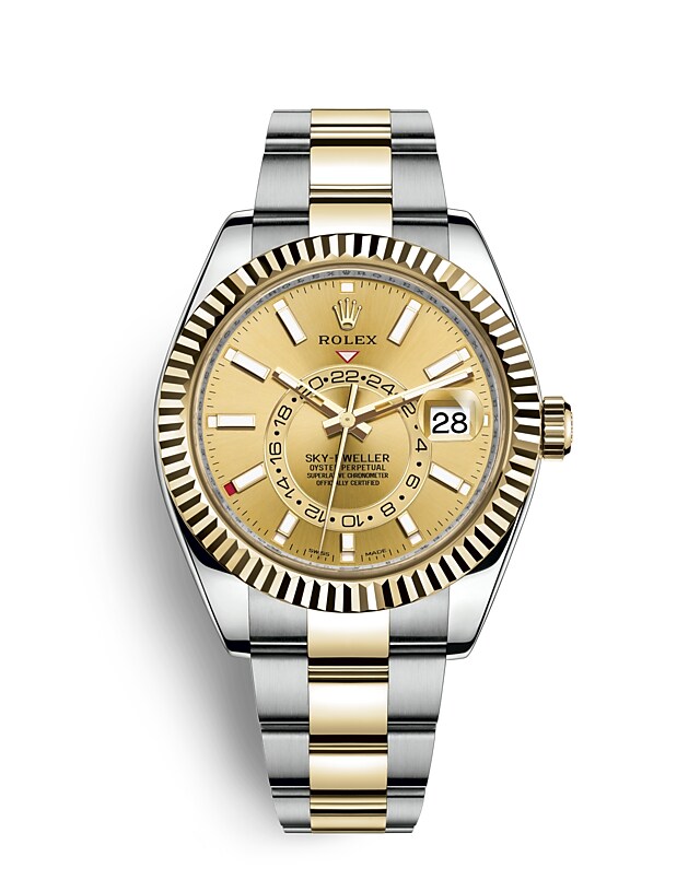 Rolex Sky-Dweller | 326933 | Sky-Dweller | Coloured dial | Champagne-colour dial | The Fluted Bezel | Yellow Rolesor | m326933-0001 | Men Watch | Rolex Official Retailer - Time Midas