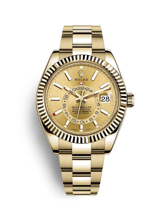 Rolex Sky-Dweller | 326938 | Sky-Dweller | Coloured dial | Champagne-colour dial | The Fluted Bezel | 18 ct yellow gold | m326938-0003 | Men Watch | Rolex Official Retailer - Time Midas