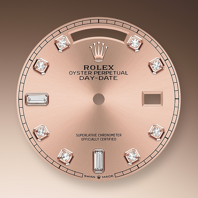 Rolex Day-Date | 128235 | Day-Date 36 | หน้าปัดประดับอัญมณี | หน้าปัดสีชมพูกุหลาบ | ขอบหน้าปัดแบบเซาะร่อง | เอเวอร์โรสโกลด์ 18 กะรัต | m128235-0009 | ชาย Watch | Rolex Official Retailer - Time Midas