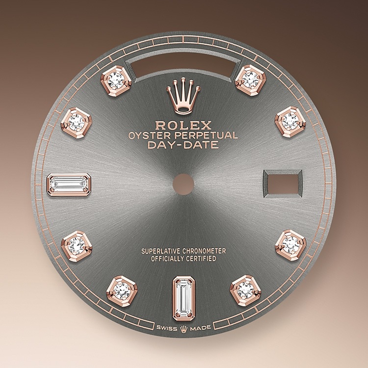 Rolex Day-Date | 128345RBR | Day-Date 36 | Dark dial | Slate Dial | Diamond-Set Bezel | 18 ct Everose gold | m128345rbr-0052 | Women Watch | Rolex Official Retailer - Time Midas