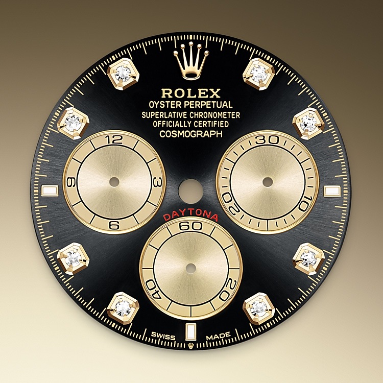 Rolex Cosmograph Daytona | 126508 | Cosmograph Daytona | หน้าปัดประดับอัญมณี | หน้าปัดสีดำสว่างและทอง | สเกลวัดความเร็ว | ทองคำ 18 กะรัต | M126508-0003 | ชาย Watch | Rolex Official Retailer - Time Midas