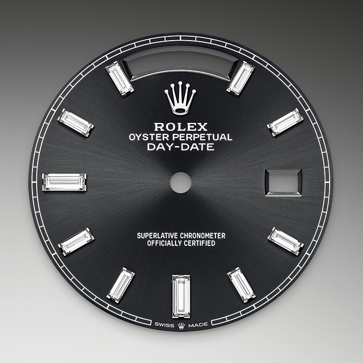Rolex Day-Date | 228349RBR | Day-Date 40 | Dark dial | Bright black dial | Diamond-set bezel | 18 ct white gold | M228349RBR-0003 | Men Watch | Rolex Official Retailer - Time Midas