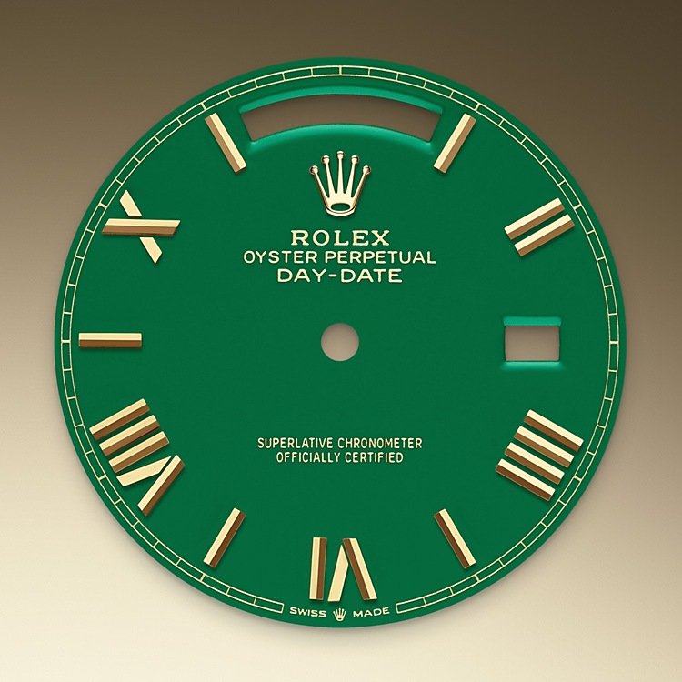 Rolex Day-Date | 228238 | Day-Date 40 | Coloured dial | Green Dial | Fluted bezel | 18 ct yellow gold | M228238-0061 | Men Watch | Rolex Official Retailer - Time Midas