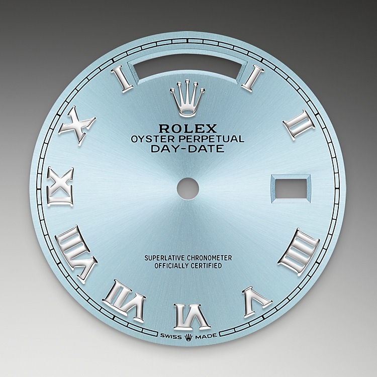 Rolex Day-Date | 128236 | Day-Date 36 | Coloured dial | Fluted bezel | Ice-Blue Dial | Platinum | M128236-0008 | Men Watch | Rolex Official Retailer - Time Midas