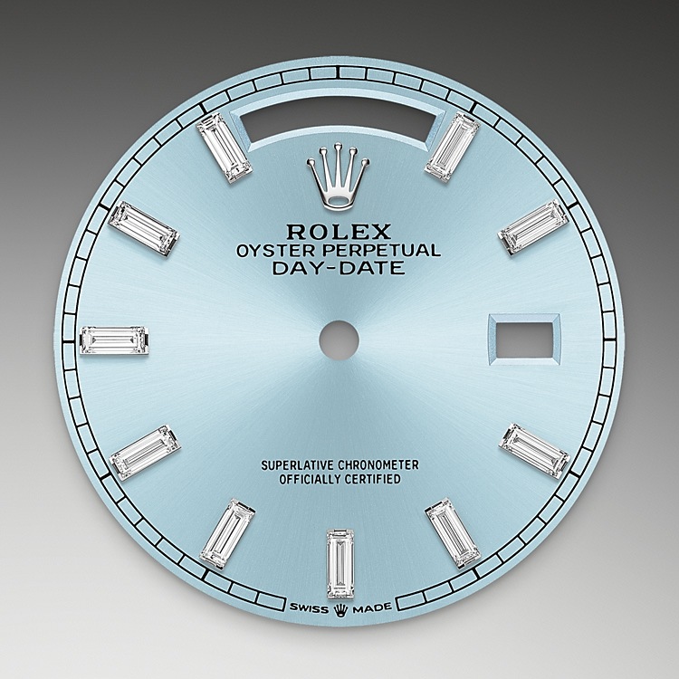 Rolex Day-Date | 128396TBR | Day-Date 36 | Coloured dial | Ice-Blue Dial | Diamond-set bezel | Platinum | M128396TBR-0003 | Women Watch | Rolex Official Retailer - Time Midas