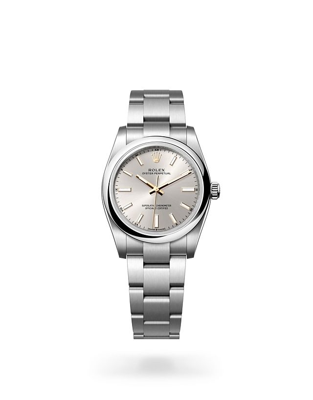 Rolex Oyster Perpetual | 124200 | Oyster Perpetual 34 | Light dial | Silver dial | Oystersteel | The Oyster bracelet | M124200-0001 | Women Watch | Rolex Official Retailer - Time Midas