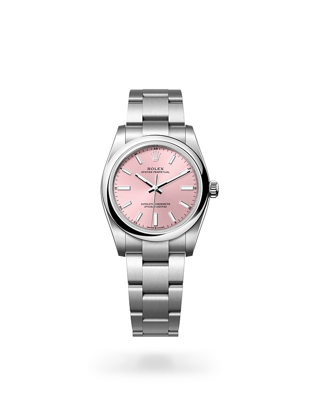 Rolex Oyster Perpetual | 124200 | Oyster Perpetual 34 | Coloured dial | Pink Dial | Oystersteel | The Oyster bracelet | M124200-0004 | Women Watch | Rolex Official Retailer - Time Midas