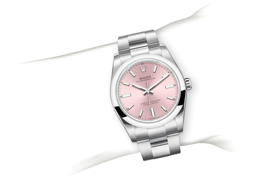 Rolex Oyster Perpetual | 124200 | Oyster Perpetual 34 | หน้าปัดสี | หน้าปัดสีชมพู | Oystersteel | สายนาฬิกา Oyster | M124200-0004 | หญิง Watch | Rolex Official Retailer - Time Midas