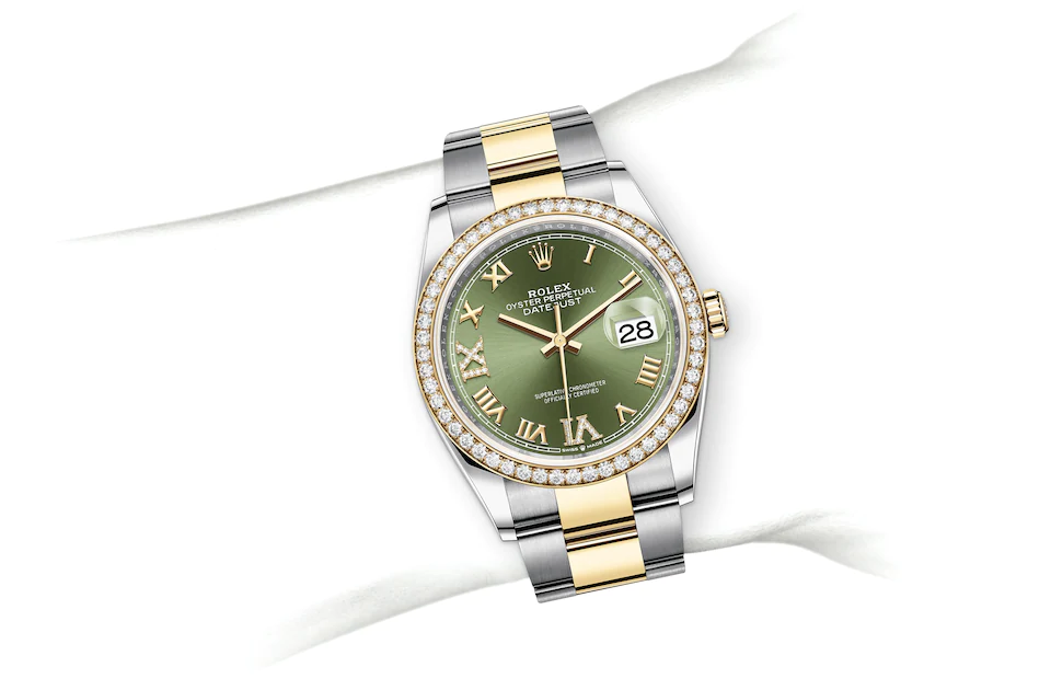Rolex Datejust | 126283RBR | Datejust 36 | Coloured dial | Olive-Green Dial | Diamond-set bezel | Yellow Rolesor | M126283RBR-0012 | Men Watch | Rolex Official Retailer - Time Midas